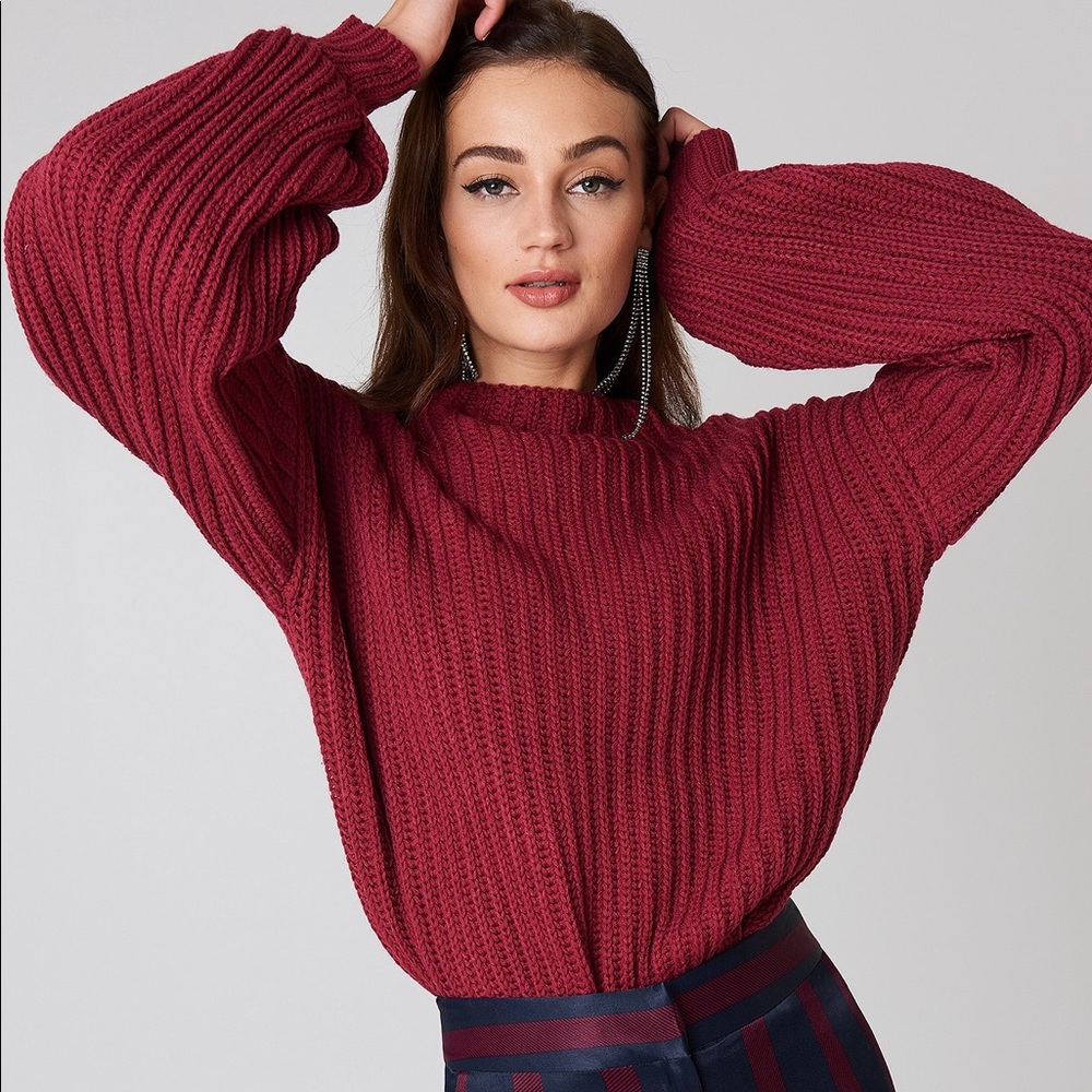 NA-KD Maroon Knit Balloon Sleeve Mockneck Sweater